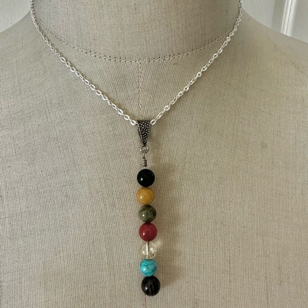 7-Chakra Gemstone Pendant Necklace on Silver-Tone Chain